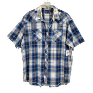 Wrangler Mens 20 Pearl Snap Shirt Blue White Plaid X Long Tails Thin Western